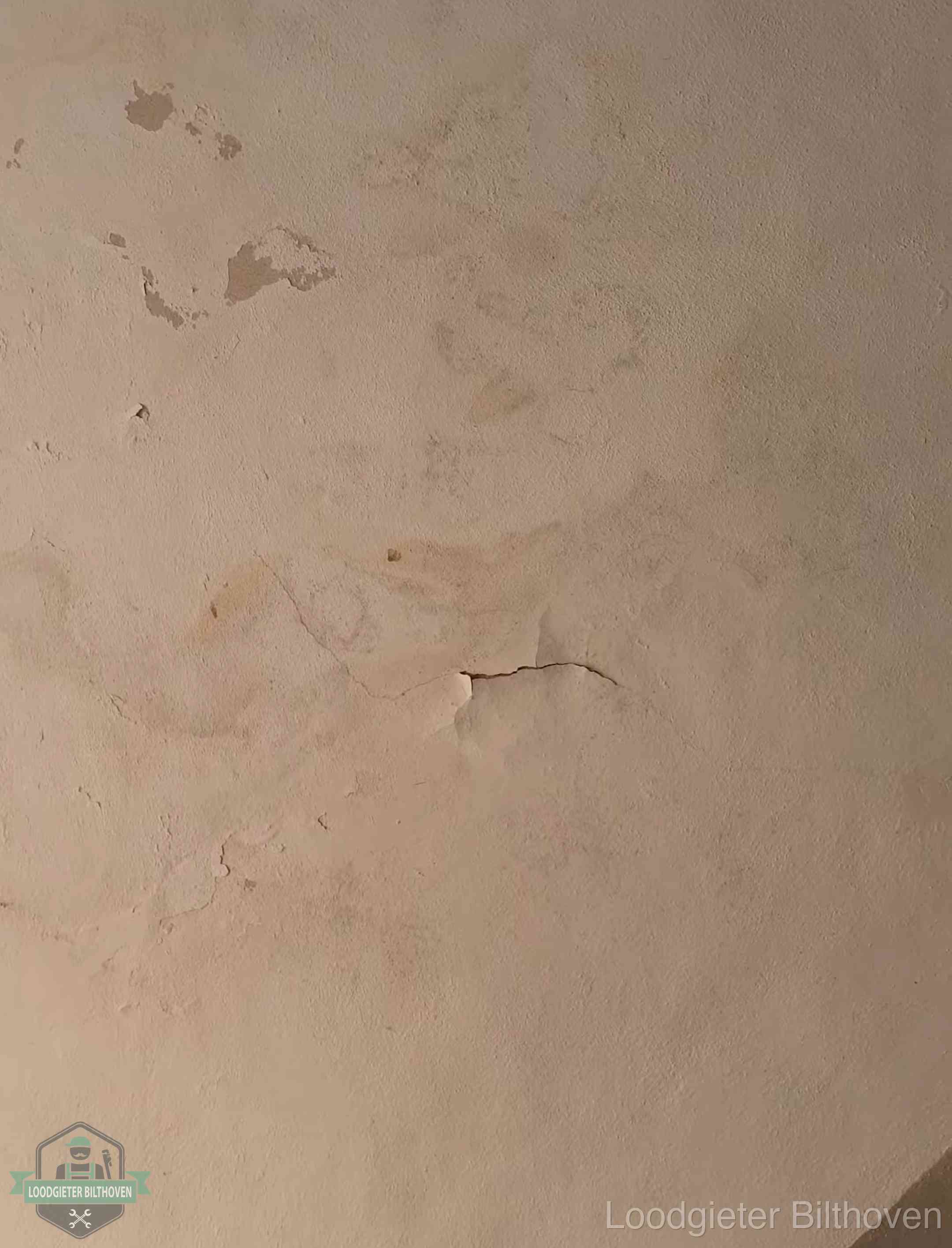 Vochtkringen en afbladderende verf op een plafond in Bilthoven, schade voor het meetrapport en de verzekering